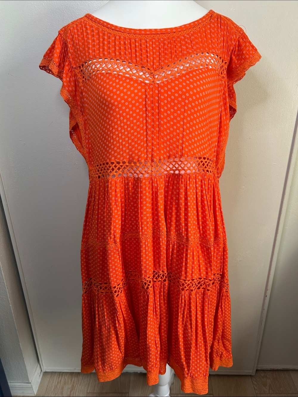 Free People Retro Kitty Orange with White Floral Print Crochet-Trim Mini Dress